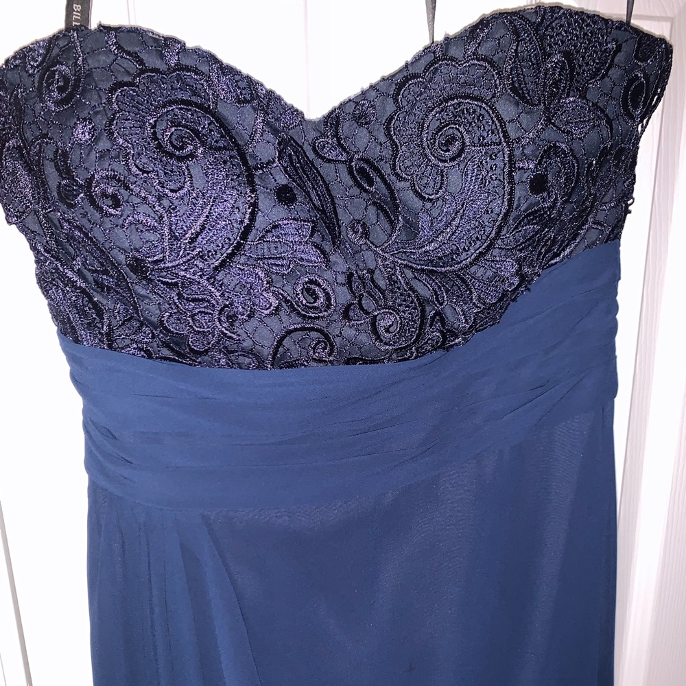 navy blue BILL LEVKOFF dress strapless lace full length chiffon L 12